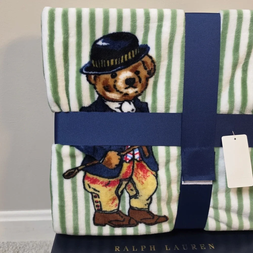Ralph Lauren Polo Bear Throw Blanket 50x70 Green Stripe Teddy Bear NWT‎ Gift Box
